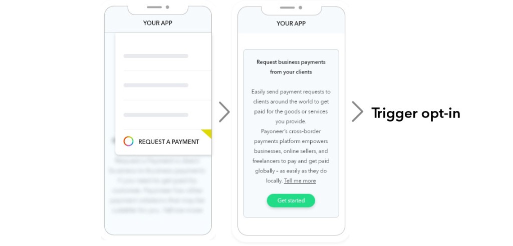 Partner app: menu to Request a payment, intro screen with Get started