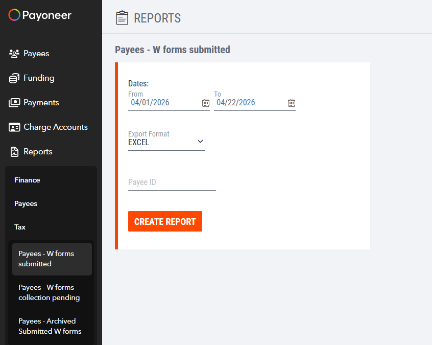 Payoneer Admin Console: Reports, Tax, Payees W forms submitted, date range, Excel export, Payee ID, Create report