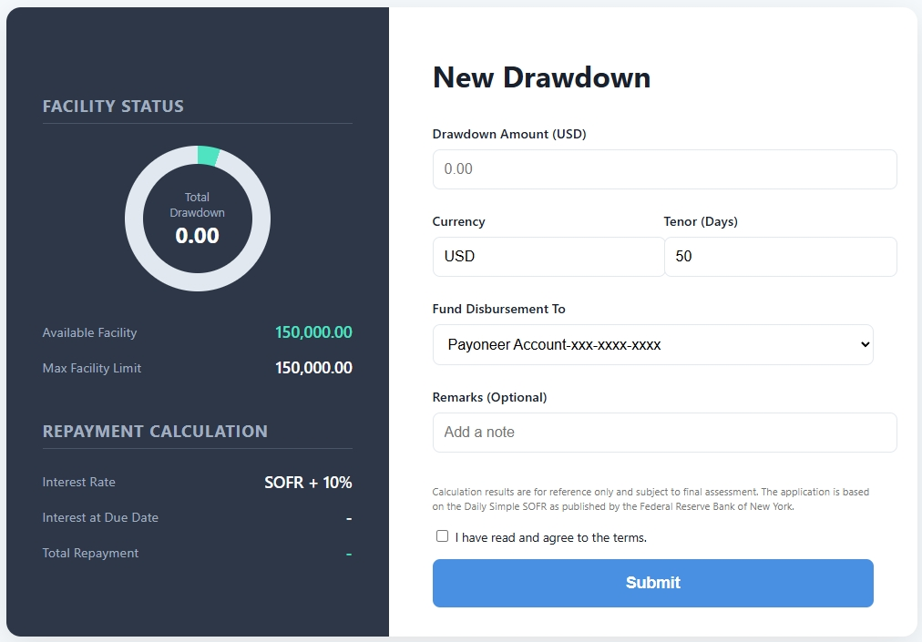New drawdown form: amount, currency, tenor, disbursement to Payoneer account