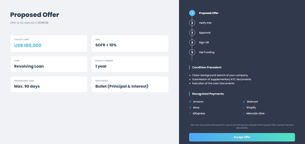 Proposed offer UI with facility terms and accept action