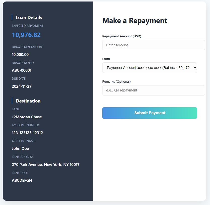 Make a repayment: amount, from Payoneer balance, to destination bank