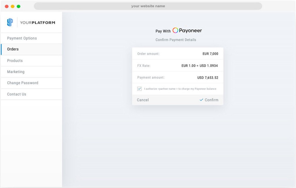 Desktop web app: Confirm payment details with Payoneer including FX and authorization