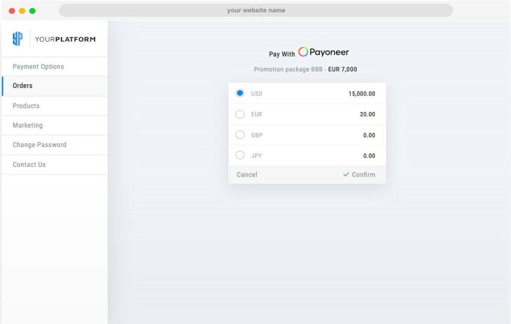 Desktop web app: Pay with Payoneer modal to choose currency balance
