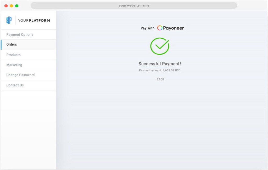 Desktop web app: successful Pay with Payoneer payment confirmation