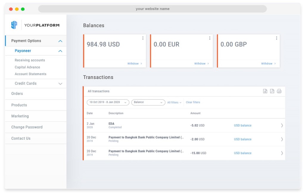 Example dashboard with currency balance cards