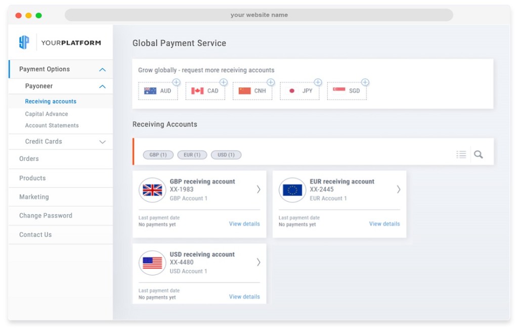 Partner dashboard: Global Payment Service — request receiving accounts by currency and list existing receiving accounts with filters