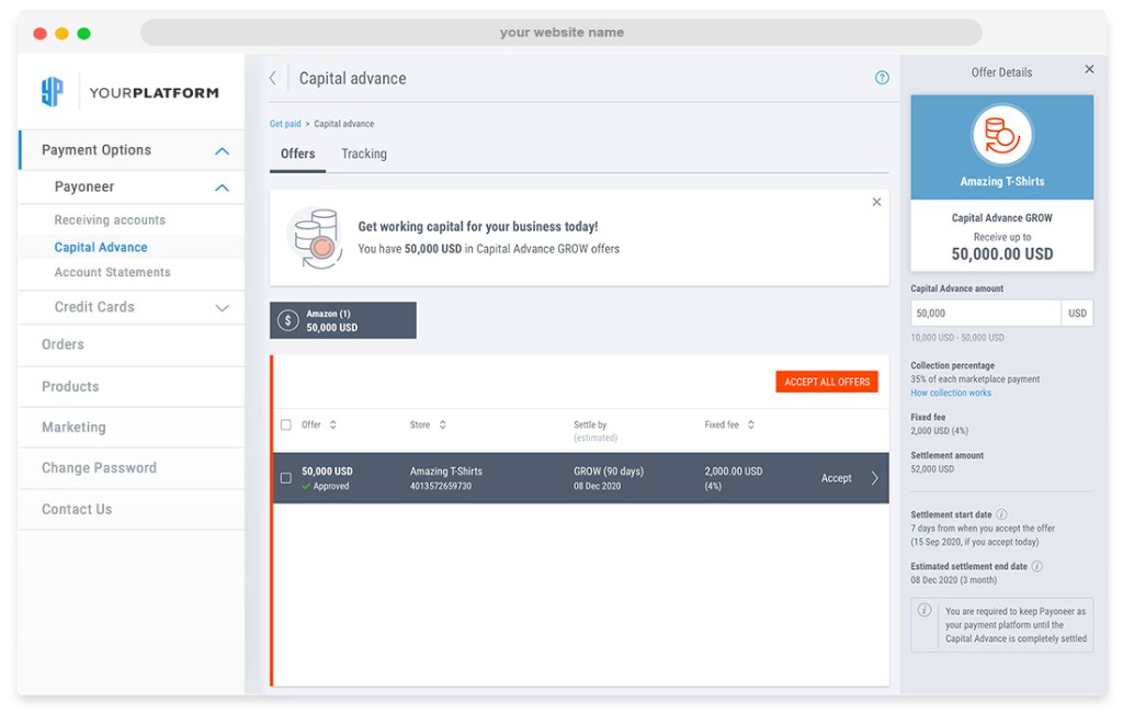 Mock UI: partner dashboard with Capital Advance offers, table of offers, and offer details side panel