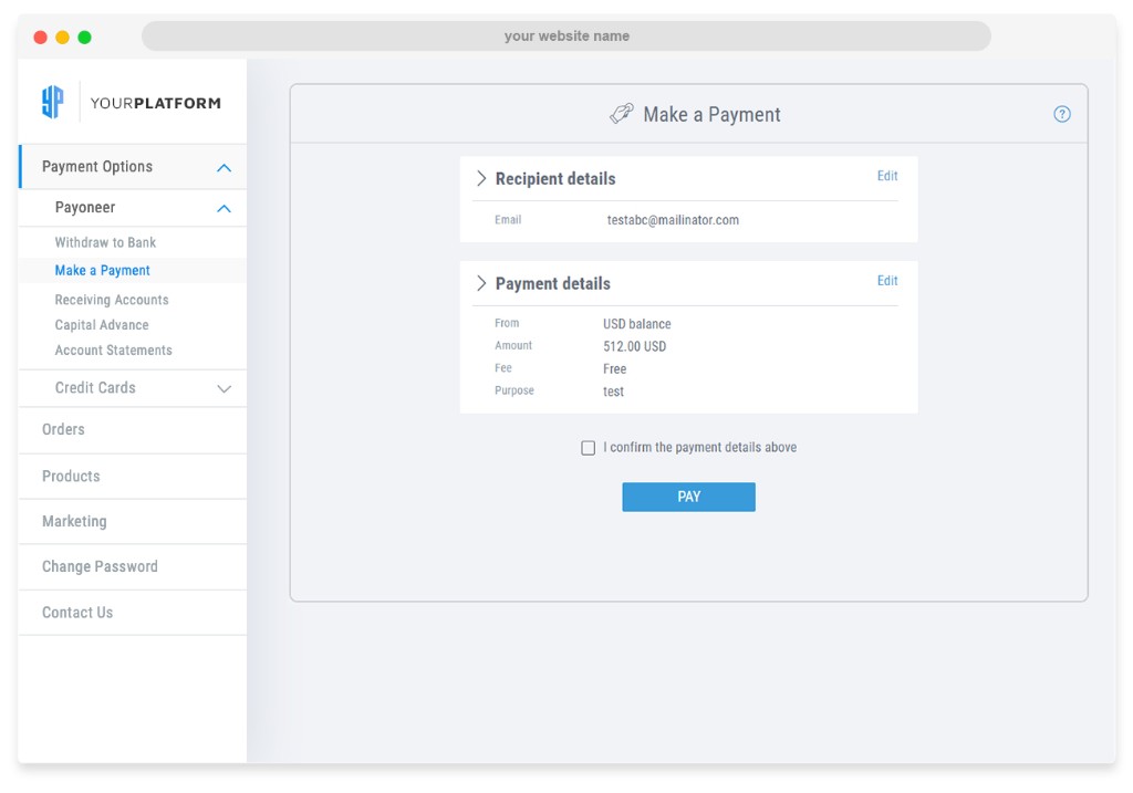 Make a Payment confirmation with recipient and payment details