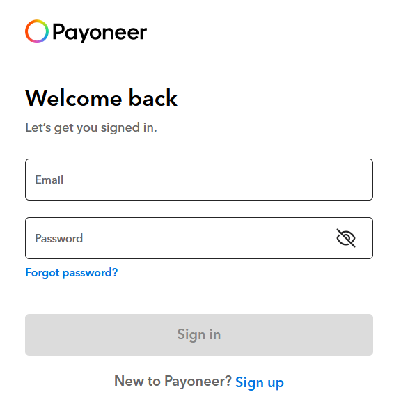 Payoneer sign-in screen: Welcome back, email and password fields