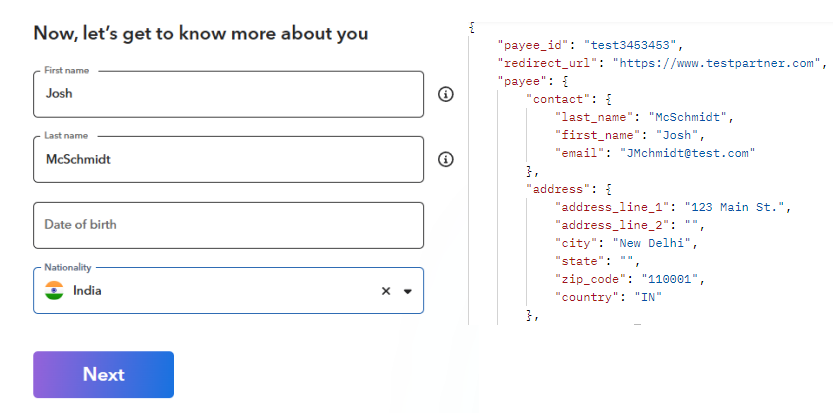 Payee registration form pre-filled with first name, last name, and nationality alongside the JSON payload used to pre-populate fields