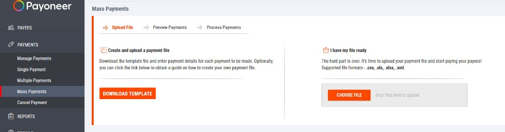 Payoneer Admin Console: Mass Payments — Upload File step with template download and file upload
