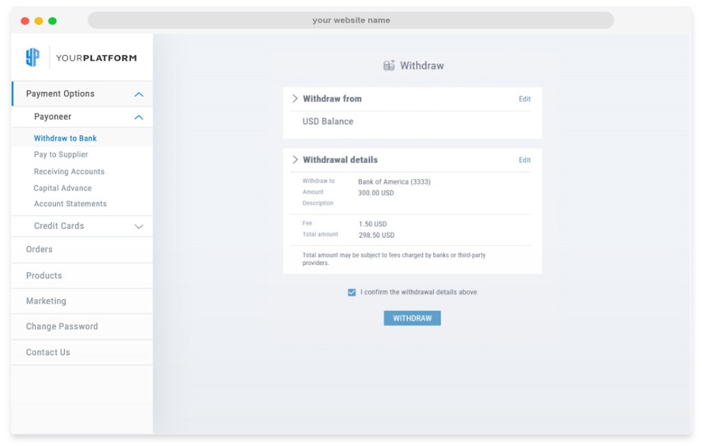 Partner dashboard: Withdraw confirmation with Withdraw from USD balance, bank destination, amount, fee, total, confirmation checkbox, and Withdraw button