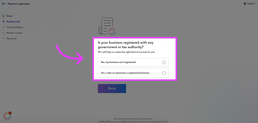 Get Paid Globally: How to Open a Payoneer Individual Account in the Philippines - image 324 Select 'No, my business isn't registered' to open an Individual Account.